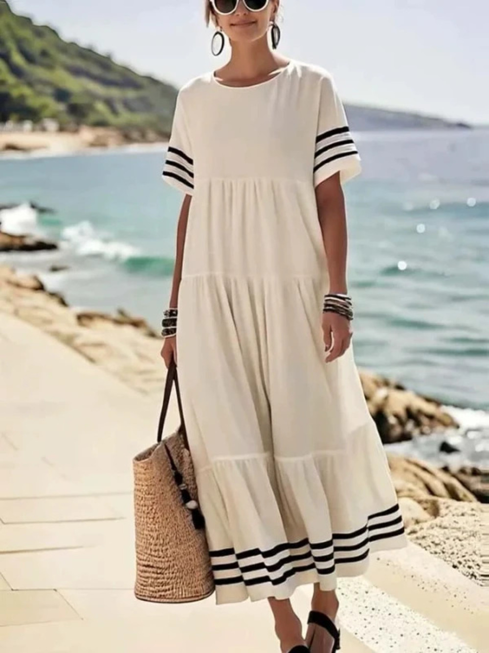 H&M Women Striped Casual Vacation Round Neck Loose Long Dress